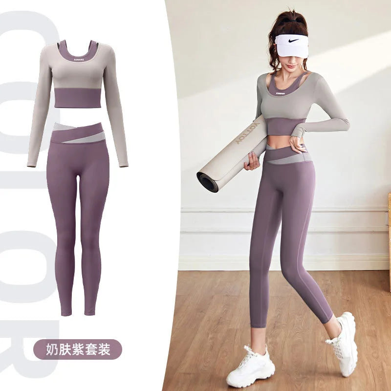 2pcs Women's Yoga Set Long Sleeve Gym Crop Top High Waist Leggings Fitness Sports Wear Quick Dry Breathable Pilates Yoga Suits