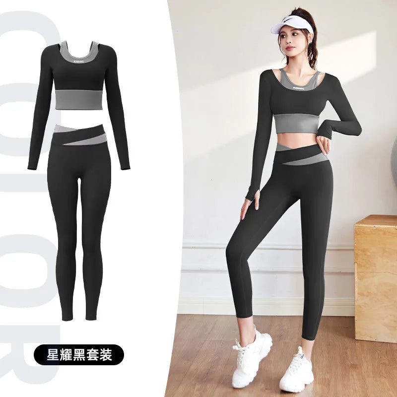 2pcs Women's Yoga Set Long Sleeve Gym Crop Top High Waist Leggings Fitness Sports Wear Quick Dry Breathable Pilates Yoga Suits