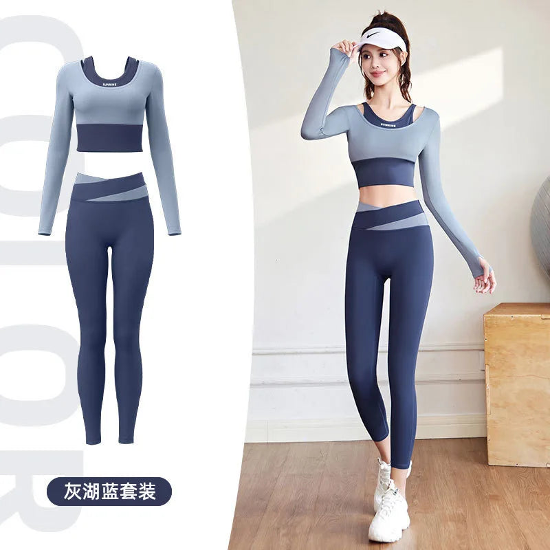 2pcs Women's Yoga Set Long Sleeve Gym Crop Top High Waist Leggings Fitness Sports Wear Quick Dry Breathable Pilates Yoga Suits