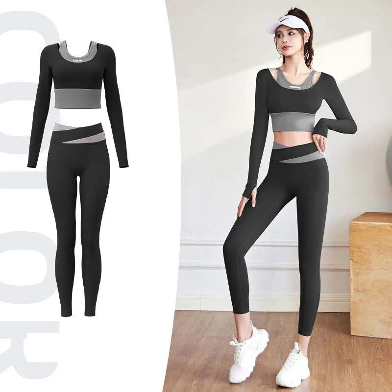 2pcs Women's Yoga Set Long Sleeve Gym Crop Top High Waist Leggings Fitness Sports Wear Quick Dry Breathable Pilates Yoga Suits