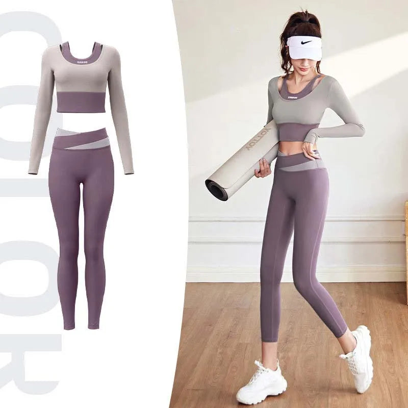 2pcs Women's Yoga Set Long Sleeve Gym Crop Top High Waist Leggings Fitness Sports Wear Quick Dry Breathable Pilates Yoga Suits